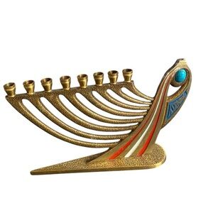 VINTAGE SOLID BRASS MENORAH WITH LAPIS STONE CHANUKKAH 1969 ISRAEL